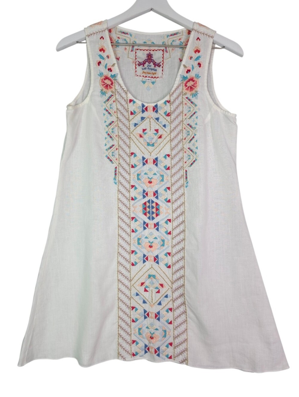 Johnny Was Linen White Embroidered Tank Dress with Multicolor Front Panel